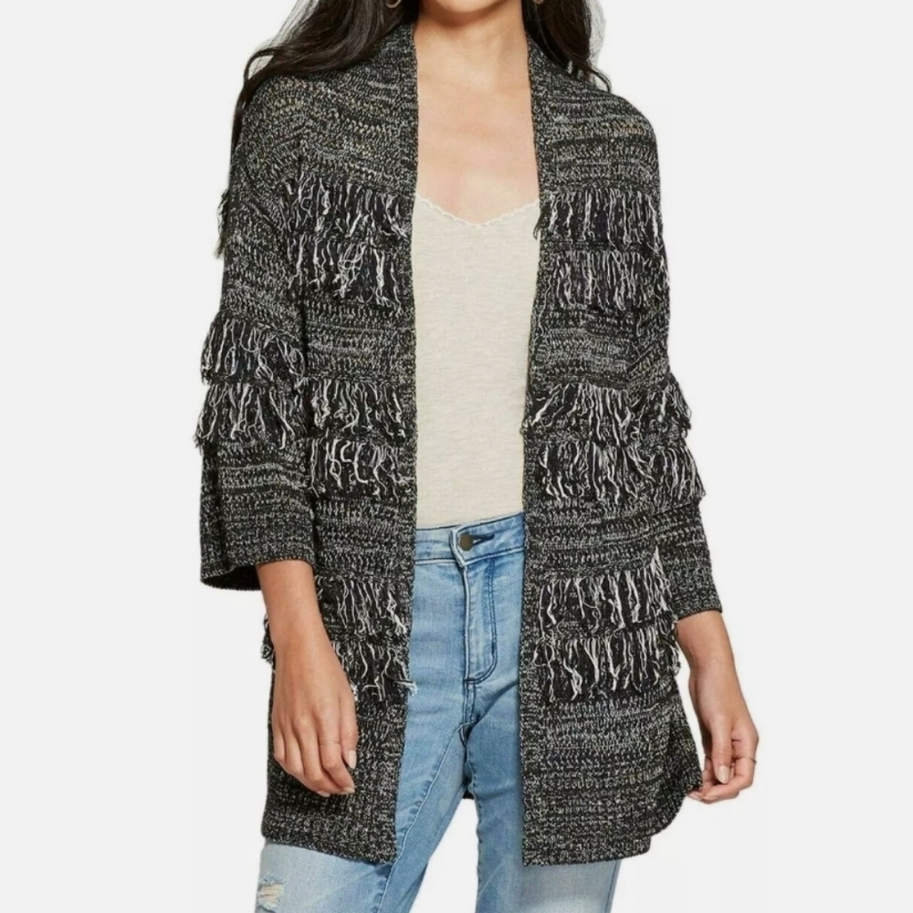 GYPSY BOHO Fringe Knit Cardigan Black Size S